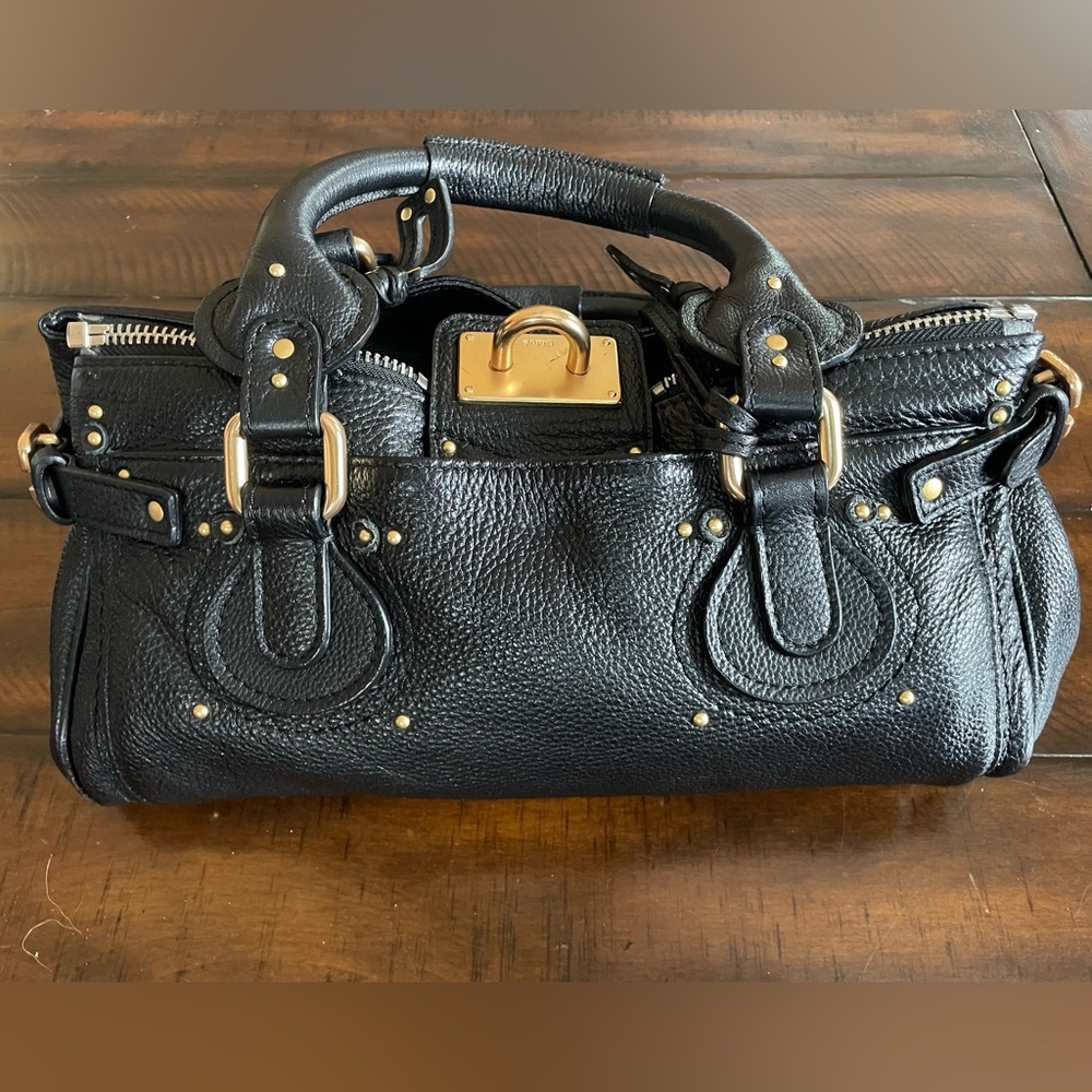 Authentic Chloé Black Leather Shoulder Bag Gold Hardware Tote Handbag